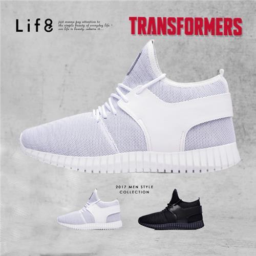 任-Life8-變形金剛 虎紋反光網布 3D彈簧運動鞋-09643-白色/黑色
