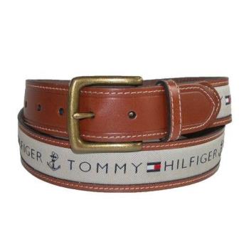 Tommy Hilfiger 2018男時尚灰織帶鑲嵌黃褐色皮帶(預購)