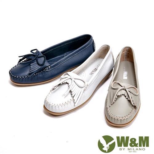 W&M 可水洗舒適柔軟蝴蝶結流蘇平底 女鞋(3色)-灰、米白、藍