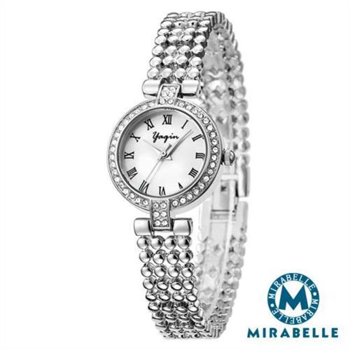 Mirabelle 羅馬珠貝 圓框水鑽串珠鍊錶 銀框白面