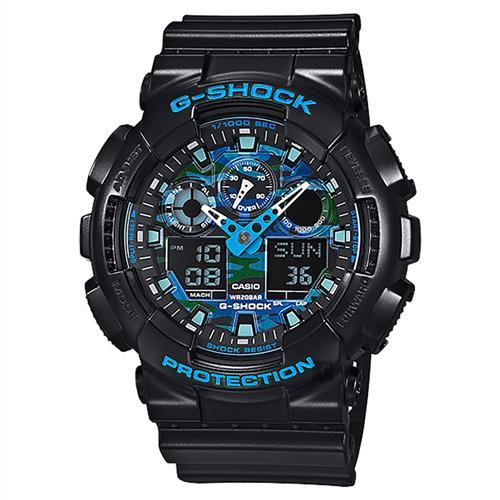 CASIO 卡西歐 G-SHOCK 迷彩玩酷雙顯手錶-藍x黑 GA-100CB-1A