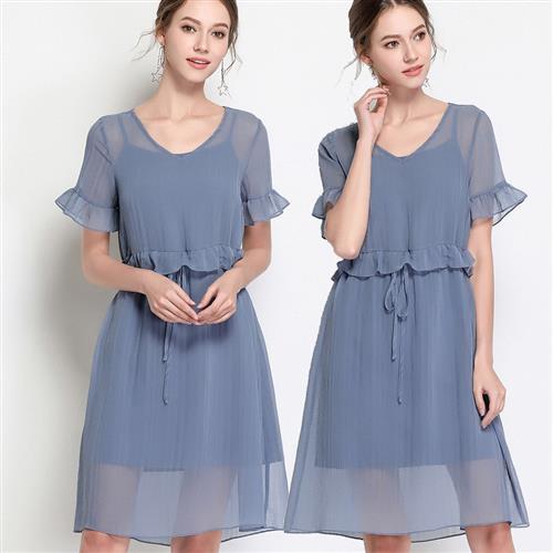 麗質達人 - 3016灰藍色二件式洋裝