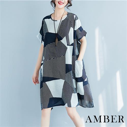 Amber-日韓棉麻幾何造型圓領連衣裙