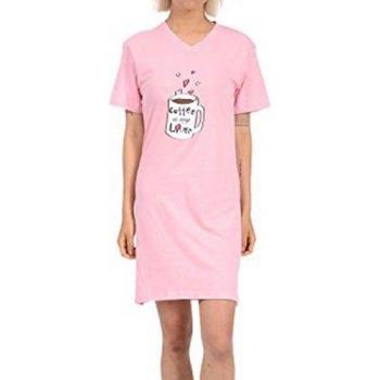 Love21 女時尚ㄒ恤款圖騰粉色V領短袖睡衣 (預購)