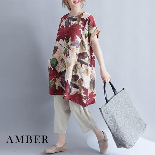 Amber_夏日清新時尚棉麻大花造型連衣裙