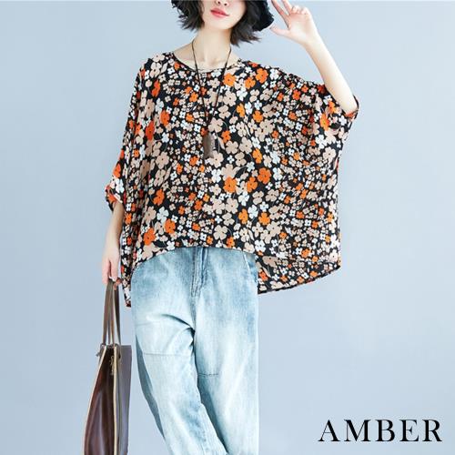 Amber-日韓花漾時尚印花圓領雪紡上衣