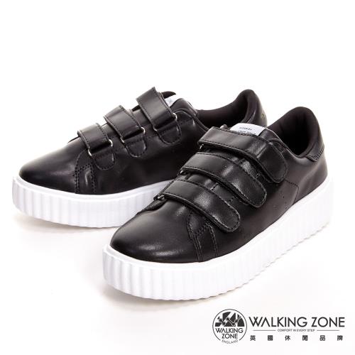 WALKING ZONE 超纖布料黏帶式柔軟增高休閒 女鞋-黑(另有白)