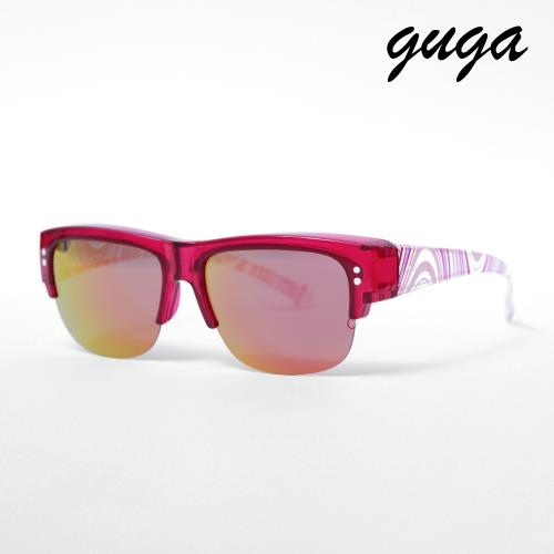  [GUGA]半框宇宙圖案鏡腳電鍍紅鏡片偏光掛套式太陽眼鏡墨鏡-J1319-3-3H-3-桃紅框