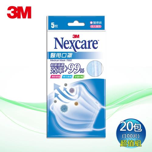 3M Nexcare成人醫用口罩-粉藍(5片X20包)