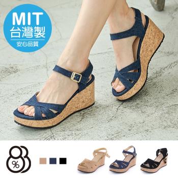 【88%】涼鞋-MIT臺灣製 跟高7.5cm 楔型涼拖鞋 素色純色 交叉鞋面