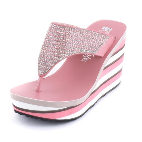  【88%】拖鞋-MIT台灣製 9.5cm楔型拖鞋 一字拖鞋 珠珠水鑽鞋面 橫條紋配色