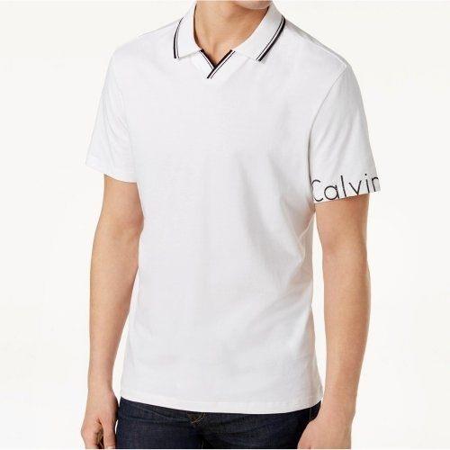 Calvin Klein 2018男時尚細棉對比標誌白色V領短袖POLO衫 