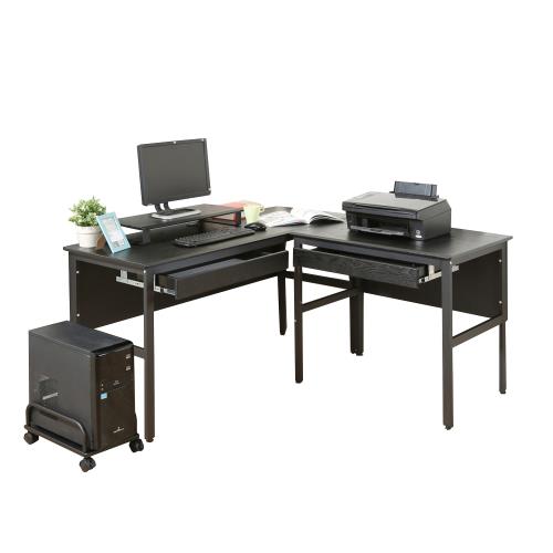 DFhouse   頂楓150+90公分大L型工作桌+2抽屜+主機架+桌上架-黑橡木色