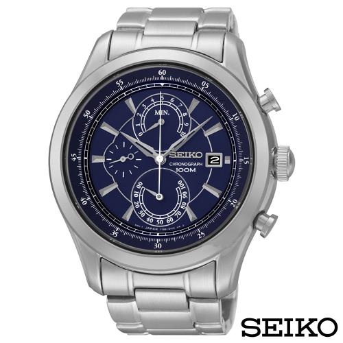 SEIKO精工  俊雅男爵三眼計時鋼帶石英腕錶 SPC165P1