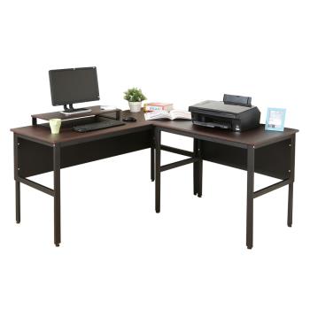 DFhouse  頂楓150+90公分大L型工作桌+桌上架-胡桃色