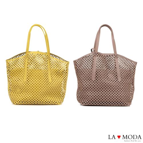 La Moda 經典設計款圓形沖孔大容量肩背斜背子母托特包(共2色)