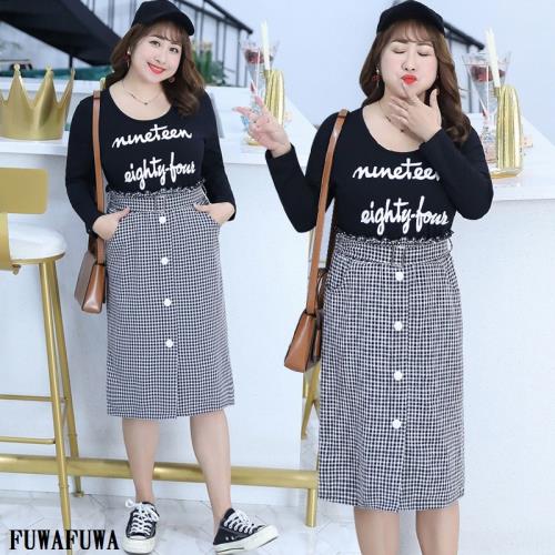 FUWAFUWA- 加大尺碼印花+格子假兩件長袖洋裝
