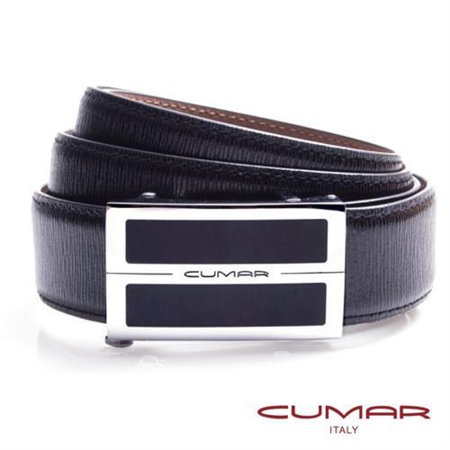 【CUMAR】簡約銀黑造型-自動扣皮帶-可微調無齒式-義大利皮革(黑色細直木紋)