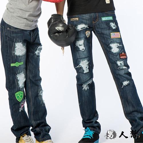 男人幫-K0389＊韓國同步流行刷破款窄版布標破壞中直筒小直筒牛仔褲潮流