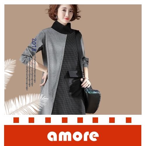 Amore 新款寬鬆顯瘦波點拼接高領洋裝