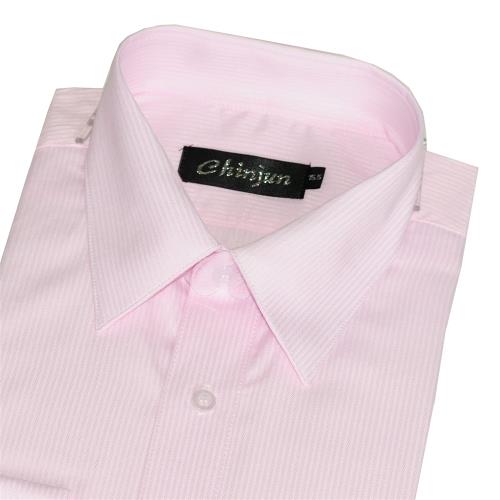 Chinjun防皺襯衫長袖，粉底粉條紋，編號k-705