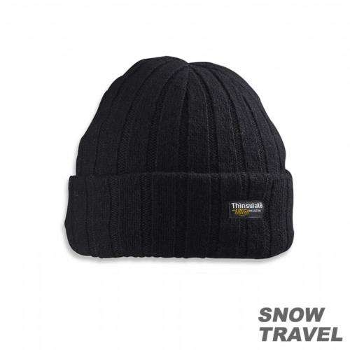 SNOWTRAVEL 3M防風透氣保暖羊毛帽(素面摺邊) (黑色)