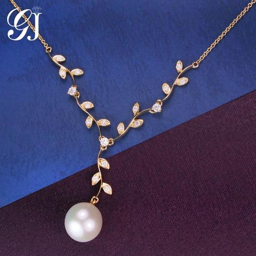 晉佳珠寶 Gemdealler Jewellery 18K金 閃亮金葉 鑽石珍珠項鍊 6.8-7mm