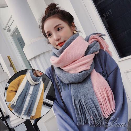 【I.Dear】韓國小資女秋冬保暖長條雙面拚色塊仿羊絨圍巾披肩(4色)現貨
