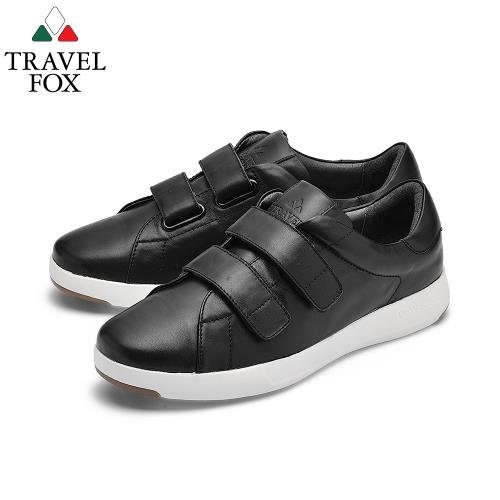 TRAVEL FOX(男) 輕雲系列 超軟牛皮雙側扣輕量舒適運動鞋 - 晶亮黑