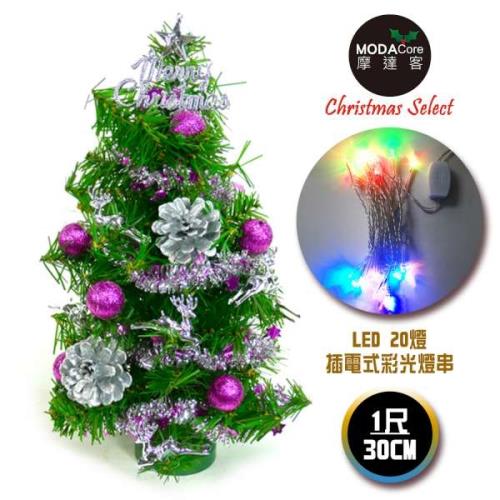 摩達客 台灣製迷你1呎/1尺(30cm)裝飾綠色聖誕樹(銀紫色系)+LED20燈彩光插電式(樹免組裝|本島免運費)