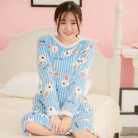 lingling日系 保暖水貂絨滿版兔子直條紋長袖連身裙女睡衣 全  