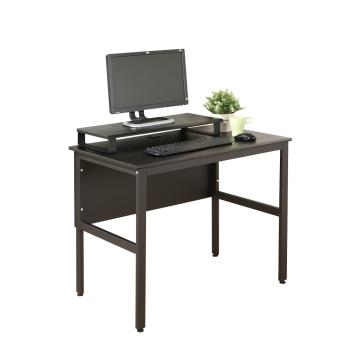 DFhouse 頂楓90公分電腦辦公桌+桌上架-黑橡木色