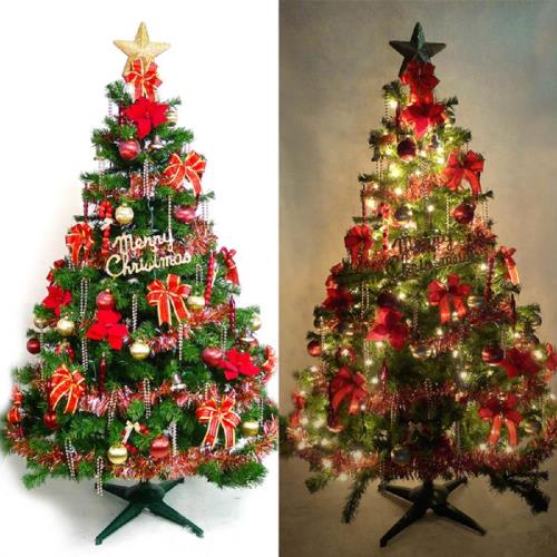 摩達客 台灣製5尺/5呎(150cm)豪華版裝飾綠聖誕樹 (+飾品組-紅金色系)(+100燈鎢絲樹燈串清光2串)