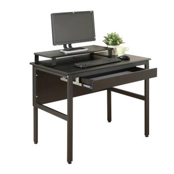 DFhouse 頂楓90公分電腦辦公桌+一抽+桌上架-黑橡木色