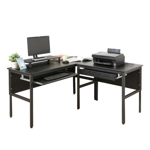 DFhouse     頂楓150+90公分大L型工作桌+1抽屜+1鍵盤+桌上架-黑橡木色