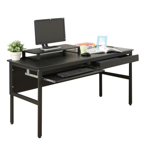 DFhouse    頂楓150公分電腦辦公桌+一抽一鍵+桌上架-黑橡木色