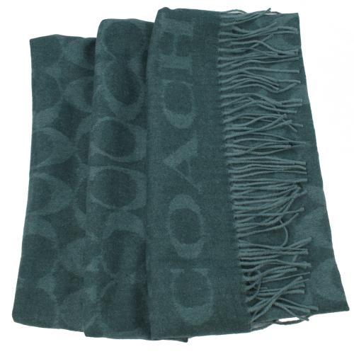 COACH 39703 經典C LOGO羊毛絲質披肩長圍巾.綠