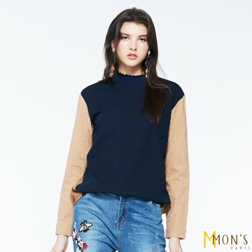 MONS法國設計造型立領條紋拼接上衣