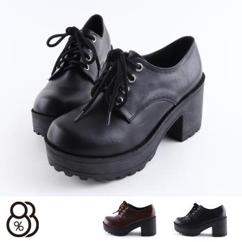 【88%】靴子-MIT台灣製 皮質面料 跟高8cm厚底 綁帶純色短靴 踝靴