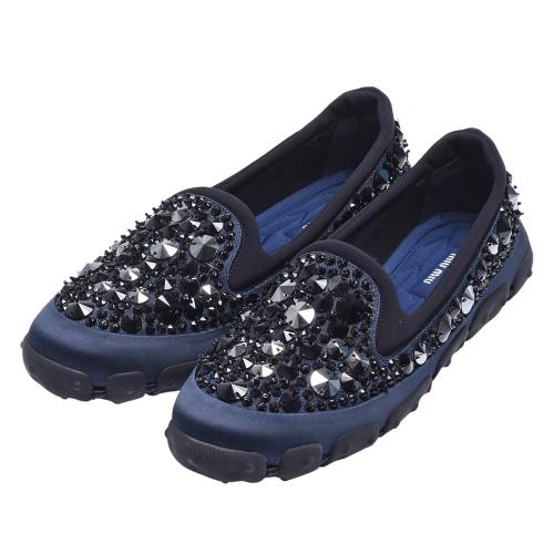 MIU MIU 施華洛世奇鉚釘造型水鑽鑲嵌便鞋(藍)