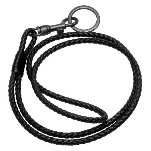 BOTTEGA VENETA 經典編織小羊皮吊繩鑰匙釦(長-黑X霧銀)