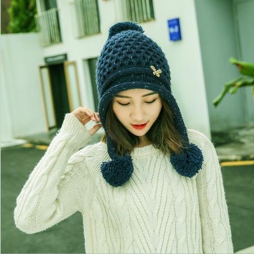 Acorn*橡果-韓系蝴蝶結大毛球保暖護耳毛帽1804(藍色)