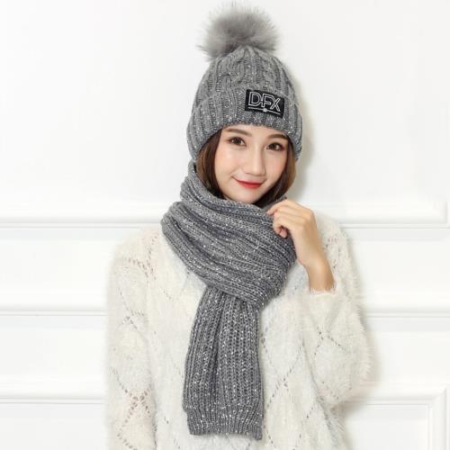 Acorn*橡果-韓系字母針織加絨毛帽+圍巾1806(兩件組-灰色)