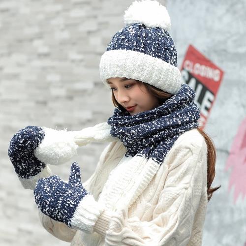 Acorn*橡果-韓系雪花撞色針織保暖毛帽+圍巾+手套1817(三件組-藍色)