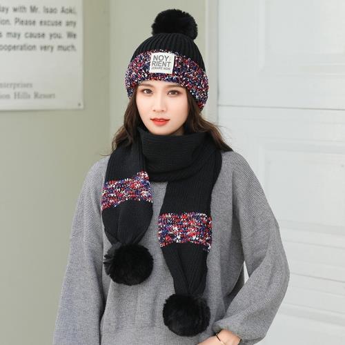 Acorn*橡果-韓系撞色針織加絨毛帽+圍巾1818(兩件組-黑色)