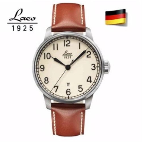 【Laco】朗坤 861651 Valencia 全版夜光軍事風格機械錶 皮帶 米黃/咖啡 42mm