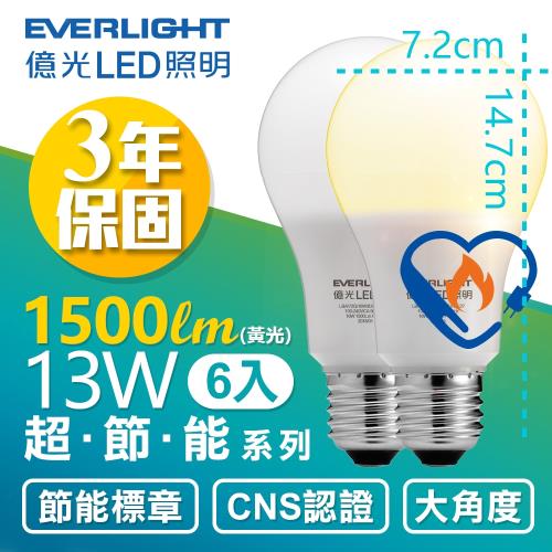 【Everlight 億光】6入組- 13W 超節能 LED 燈泡 全電壓 E27 節能標章 (白/黃光 )