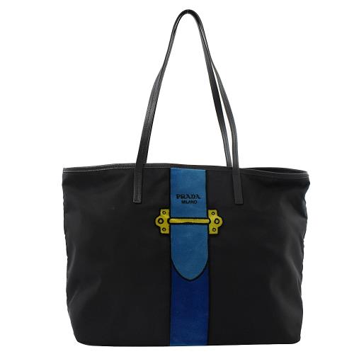 PRADA 1BG065 限量 刺繡造型尼龍帆托特購物包.黑藍