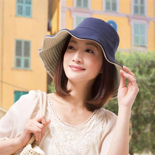 日本sunfamily 抗UV可折邊兩面防曬帽(藍/米  )