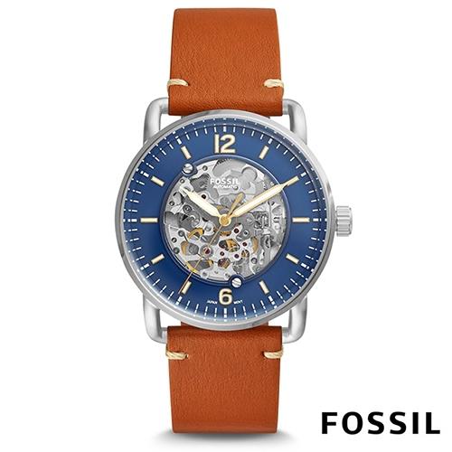 FOSSIL 美式原創設計雙面鏤空機械錶(ME3159)-藍x咖啡/42mm